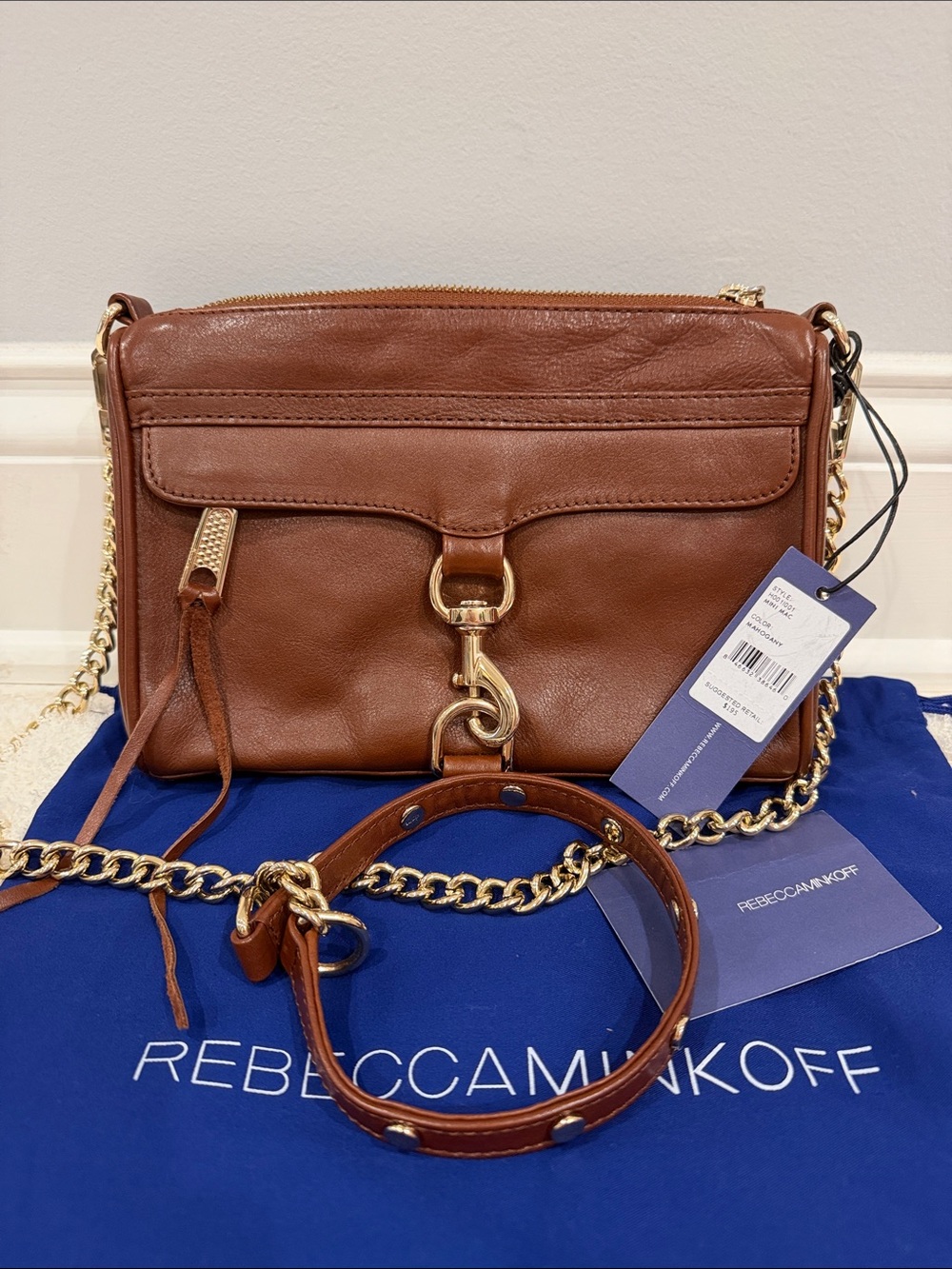 Rebecca Minkoff Mini MAC Cognac Leather Crossbody with Gold Chain